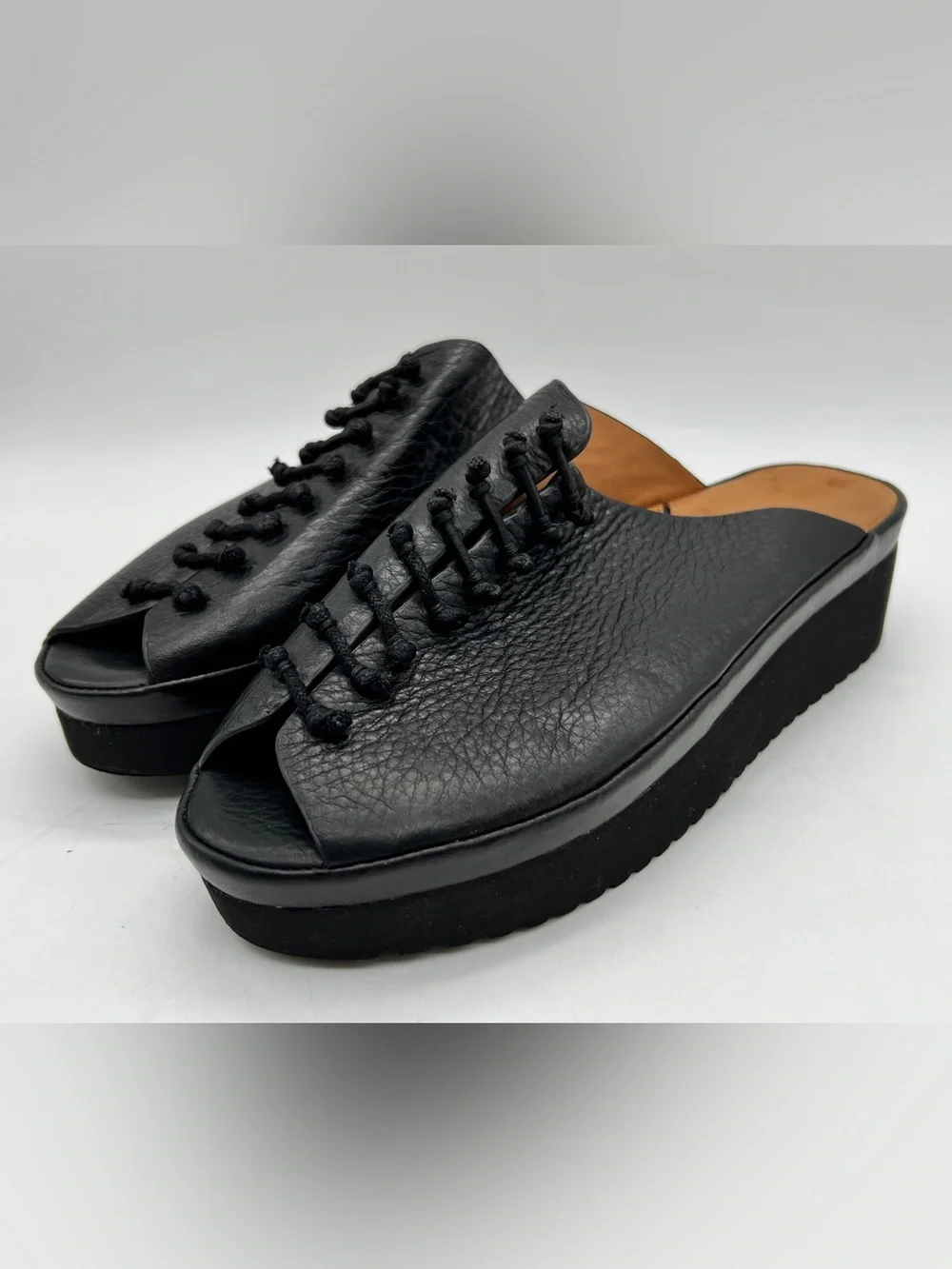 L’Amour Des Pieds Arienne Black Leather Lace-Up Wedge Mules Size 7